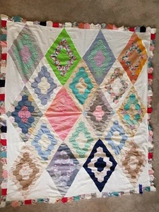 Vintage Diamond Pattern Patchwork Quilt Top 64" x 74" Hand Made Top Only - Picture 1 of 6