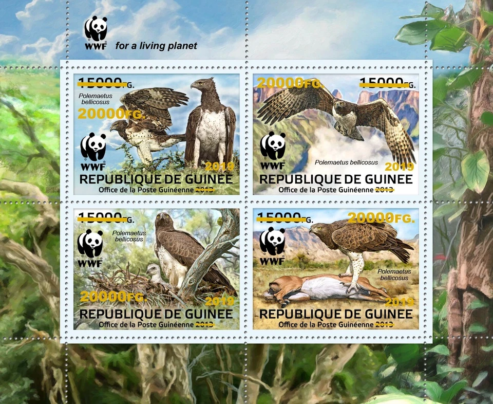 Estampillas MNH 2019 Guinea M/S con sobreimpresión en lámina de oro de Birds of Prey WWF Foto 1 de 1