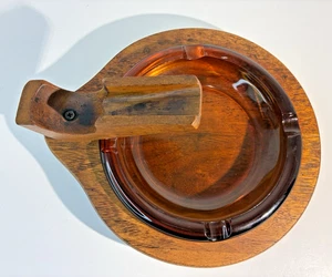 Vintage MCM Deco Decatur Industries Nussbaum Pfeifenständer & Braunglas Aschenbecher - Bild 1 von 9