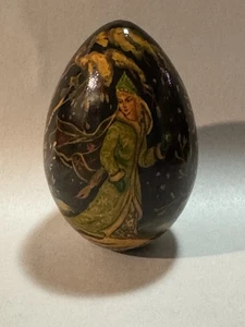 Mockba Hand Painted Winter Wooden Egg Folk Art 3.5 in. Signed Vintage - Picture 1 of 11