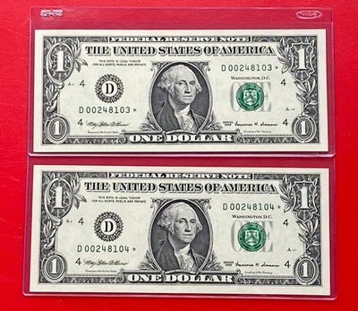 1999 2 CONSECUTIVE STAR NOTE $1 DOLLAR BILL ( CLEVELAND D ) SCARCE UNCIRCULATED - Image 1 of 2