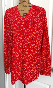 Ann Taylor Top Langarm rot Blumen V-Ausschnitt Plissee Schultern Polyester XL - Bild 1 von 9