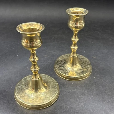 Candle Holders Small Etched Base Candlesticks x 2 Vintage Brass Pair 4" Tall - Image 1 of 4
