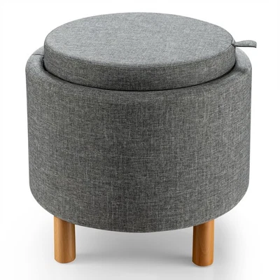 Costway Round Storage Ottoman w/Wood Legs w/Tray Top Accent Padded Footrest Gray - Image 1 of 4