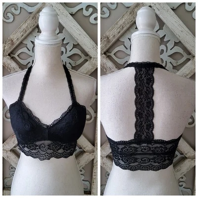 Bralette de encaje halter con correa en T suave para mujer HYFVE en negro femenino Foto 1 de 4