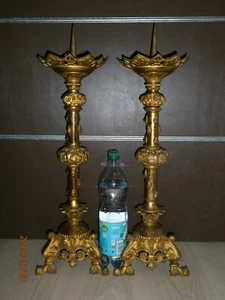 PAIRE D'ANCIENS PIQUE-CIERGES  BRONZE doré/XIXè/H.56-65cm/6 KG/EGLISE/RELIGIEUX - Picture 1 of 16