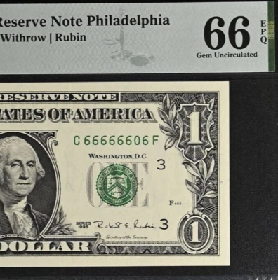 1995 $1 Federal Reserve Note - PMG Gem 66EPQ - Near Solid Serial Number 66666606 - Image 1 of 3