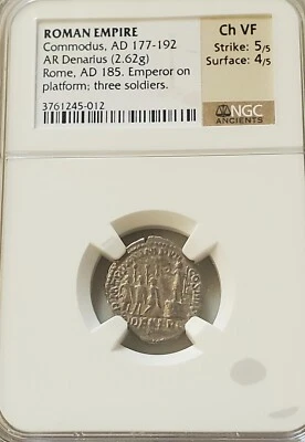 Plataforma Cómoda Romana Denario Aurelio NGC CH VF Antigua Moneda de Plata Foto 1 de 4