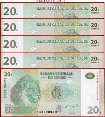 CONGO 20 FRANCS 2003 Printed G&D Serie JB Lot of 5 notes P 94A UNC - Image 1 of 3