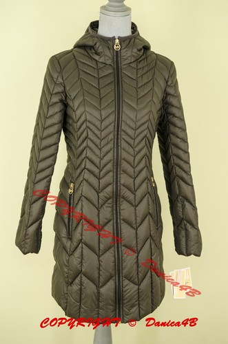 $240 Michael Kors cappotto imbottito trapuntato con cappuccio Chevron imbottito oliva scuro M