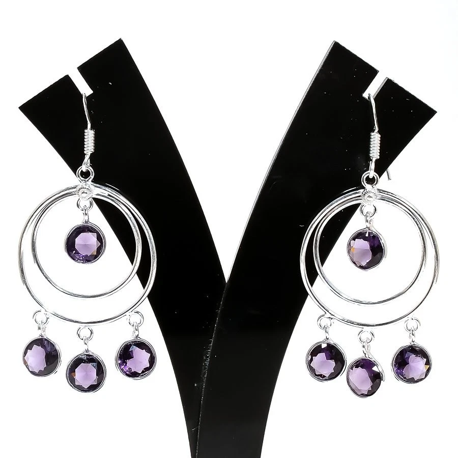 Purple Amethyst Gemstone Handmade 925 Sterling silver Jewelry Earring Size 2.30" - Image 1 of 1