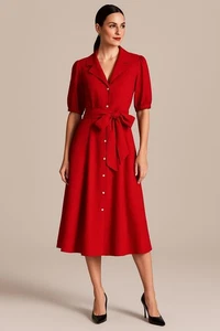 Dama Buchman rot Knopfleiste Midikleid Größe 10 Gürtel Kragen - Bild 1 von 7