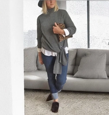 Suéter Tejido Mezcla Alpaca Lana Halógena Talla L P Dobladillo Corbata Cuello Alto Pullover Gris Foto 1 de 4