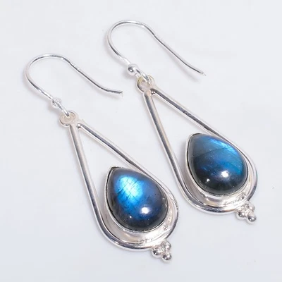 Labradorite Gemstone Ethnic Handmade 925 Sterling Silver Earrings 2" G179 - Image 1 of 4