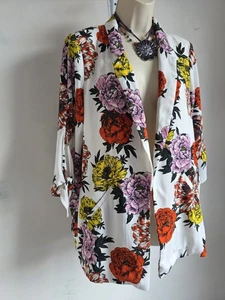 River Island Floral Kimono Blazer Jacket White Pink Orange UK 12 Oversized - Picture 1 of 11