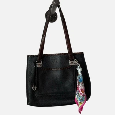 Brighton Shoulder Tote Black Pebble Leather Silver Heart Lets Hang Out Scarf Fob - Image 1 of 4