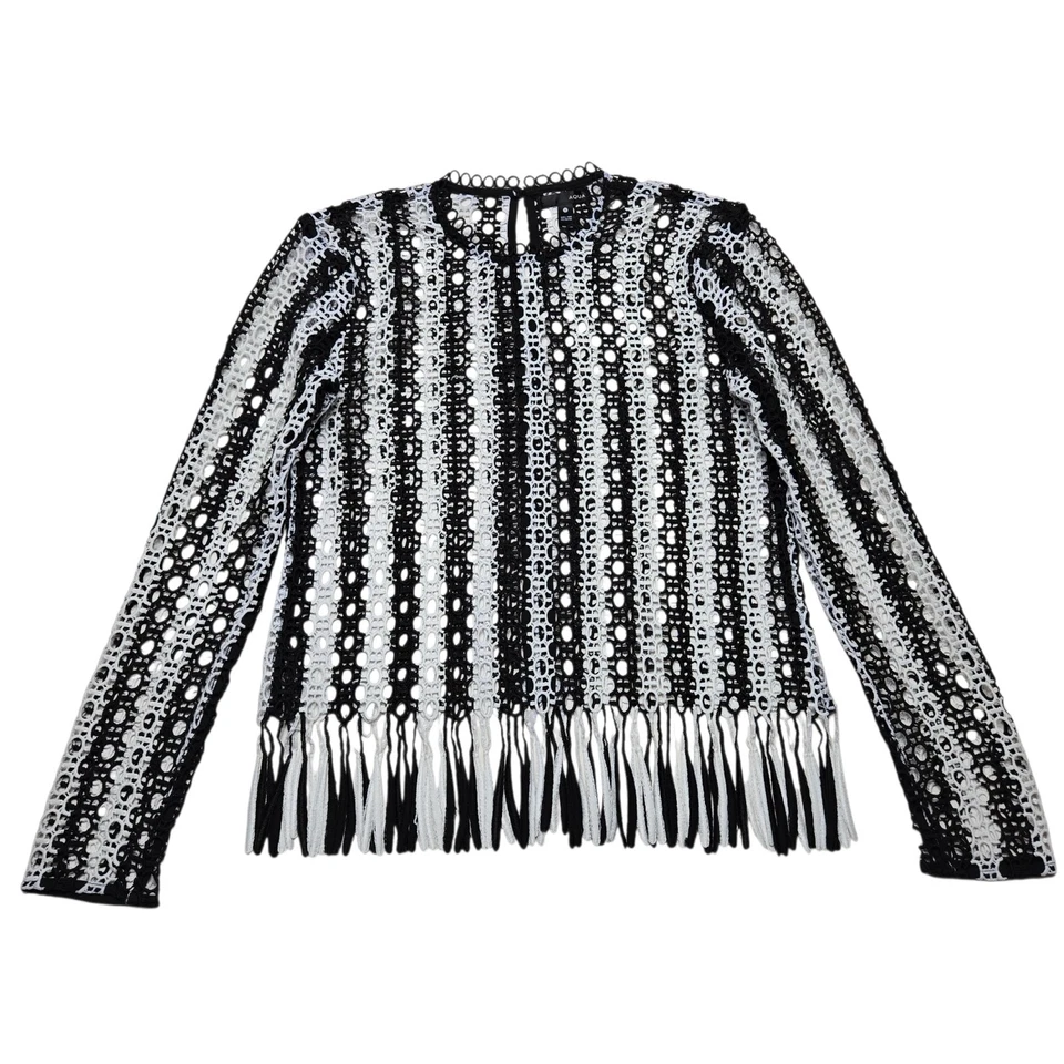 Aqua Top Womens Small White Crochet Open Knit Sheer Cover Up Boho Festival Shirt - Image 1 of 4