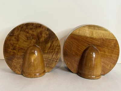 Vintage Pair MCM Wood Hand Carved Bookends MYRTLE Wood Oregon Round Art Deco - Image 1 of 4