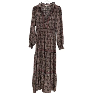 Max Studio Boho Maxi Dress Paisley Print Long Sleeve Ruffle Neck Medium - Picture 1 of 11