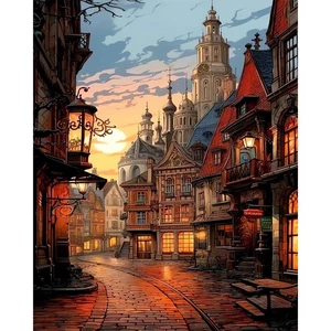 Kit de pintura de ciudad vintage por números para adultos, pintura en lienzo de calle al atardecer - Imagen 1 de 7