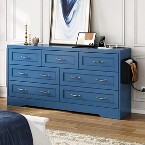 Farmhouse 7 Drawer Blue Dresser 59 in Large Modern Dresser TV Stand for Bedroom - Picture 1 of 11