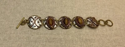 Pulsera Anju de acero inoxidable y latón ojo de tigre piedra eslabón palanca HSN Foto 1 de 4