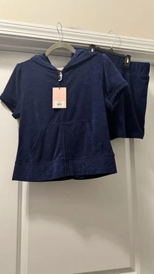 Shorts com capuz JUICY COUTURE Bling Towel Terry azul marinho Atlantis médio novo com etiquetas - Imagem 1 de 4