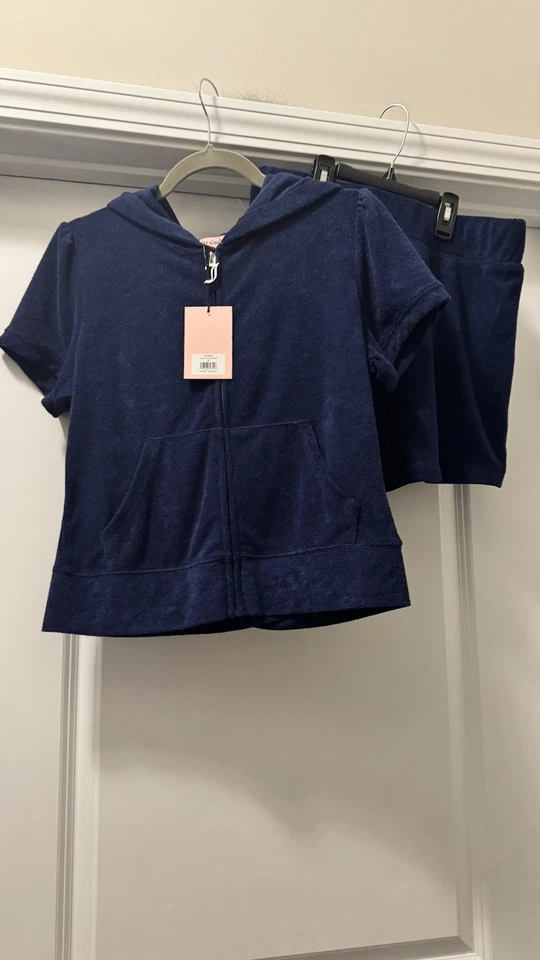 JUICY COUTURE Bling Toalla Terry Chándal Pantalones Cortos Sudadera con Capucha Azul Marino Atlantis Mediano Nuevo con Etiquetas Foto 1 de 4