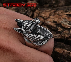 STABBYJOE MENS STAINLESS STEEL BIKER EGYPTIAN ANUBIS DEATH GOD RING SIZE 8-15 - Picture 1 of 5