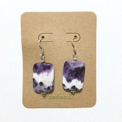Pendientes de amatista con bandas de plata de ley hechos a mano en EE. UU. cuelgan púrpura jaspeado Foto 1 de 4