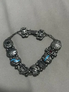 Vintage viktorianisches Sterlingsilber Türkis Charm Schieber Gliederkette Armband - Bild 1 von 5