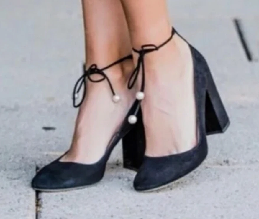 KATE SPADE NY Negro Gamuza Cuero GENA PEARL TIE PUMPS Zapatos Tacones Altos Talla 7 M Foto 1 de 4