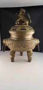Bruciatore di incenso Foo Dog Lion Kylin 2 orecchie di bestia incensiere buddismo cinese ottone - Foto 1 di 12