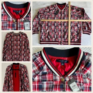 TOMMY HILFIGER New XL Madras Plaid Bomber Jacket Red Blue Patchwork Coat XXL 1X - Picture 1 of 24