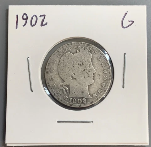 1902 Barber Quarter 90% Silver 25c - G/Good Cover