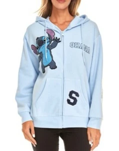 STITCH Disney Ohana Lilo & Stitch Light BLUE Hoodie Zip Jacket SIZE LARGE New - Picture 1 of 5