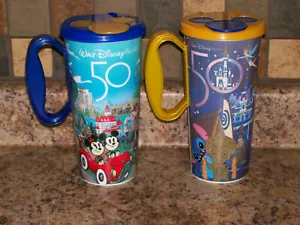 2 Disney World 50th Anniversary Resort Becher nachfüllbar Mickey Deckel Gold & Blau - Bild 1 von 5