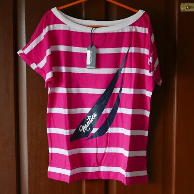Camiseta Nautica Niñas Cuello de Barco, Rosa/Blanca + Logotipo, Nueva Con Etiquetas Foto 1 de 4