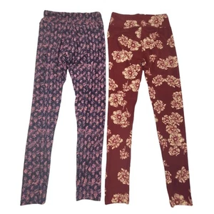 Lot of 2 Lularoe Leggings One Size Pink Purple Deep Red Creme Floral Pattern - Picture 1 of 8
