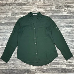 Express Portofino Shirt Womens SMALL Dark Green Button Up Blouse Roll Tab Sleeve - Picture 1 of 8