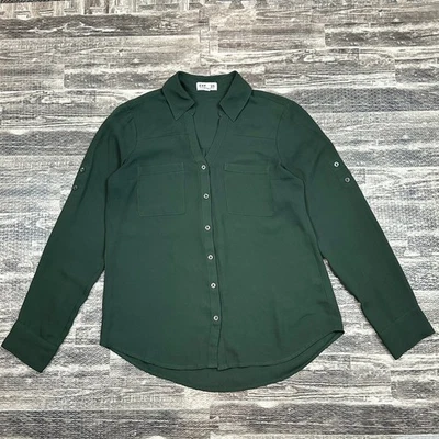 Express Portofino Shirt Womens SMALL Dark Green Button Up Blouse Roll Tab Sleeve - Image 1 of 4