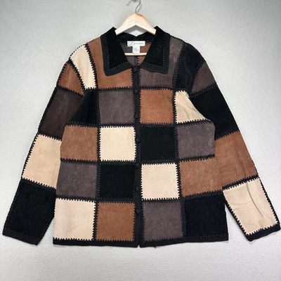 Vintage Suede Patchwork Jacket Womens L Brown Black 90s Y2K Collard Retro 70s - Image 1 of 4