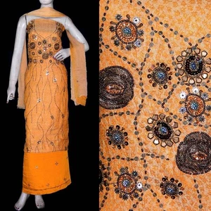 YELO JQRD SEMI-SILK INDIAN PAKISTANI SALWAR KAMEEZ LADIES SUIT MATERIAL HAND WRK - Picture 1 of 3