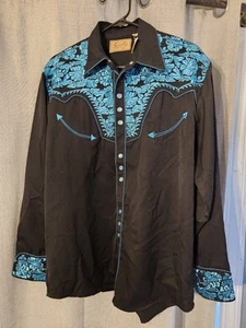 NEW Scully Men's Embroidered Gunfighter Pearl Snap Western Shirt Black Turquoise - Picture 1 of 13