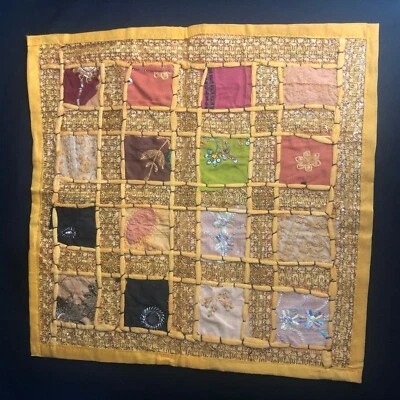 Handmade Embroidery Sequin Patchwrk Pillow Cushion Cover Golden Boho Chic 17" - Image 1 of 2