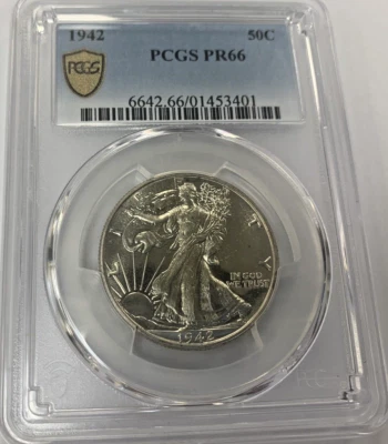 1942 Walking Liberty Half Dollar ~ PCGS PR 66 ~ Gold Shield Label ~ Golden Tone - Image 1 of 4