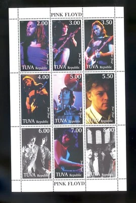 Folha de 9 selos de música rock Pink Floyd MNH 1999 TUVA Roger Waters David Gilmour - Imagem 1 de 2