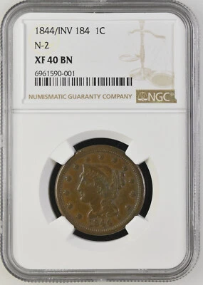 1844/81, INVERTED 184, N-2, LARGE CENT NGC XF40BN 590001 - Image 1 of 4
