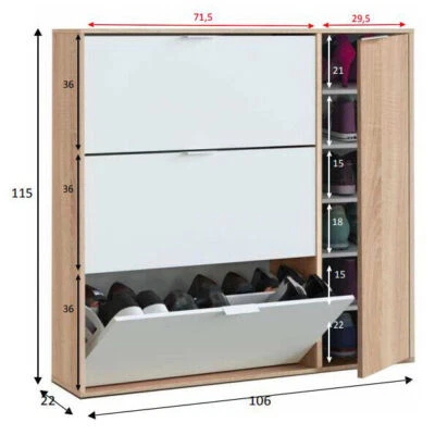 Scarpiera a 3 ante ribalte doppio vano e anta laterale 30 paia bianca e legno  - Immagine 1 di 3