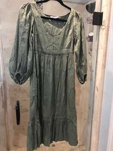 Calypso Christiane Celle Romantic Green Mid Calf Long Sleeve Flounced Dress Xs - Picture 1 of 9
